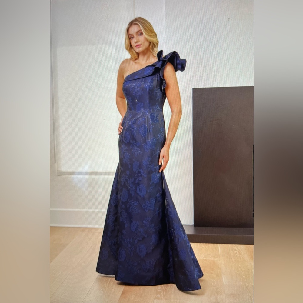 One-Shoulder Floral Navy Evening Gown